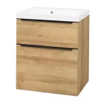 Mereo Mailo, koupelnová skříňka s umyvadlem z litého mramoru 61 cm, dub Riviera, černé madlo