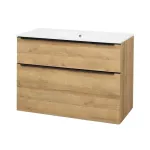 Mereo Mailo, koupelnová skříňka s keramickým umyvadlem 101 cm, dub Riviera, černé madlo