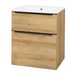 Mereo Mailo, koupelnová skříňka s keramickým umyvadlem 61 cm, dub Riviera, černé madlo