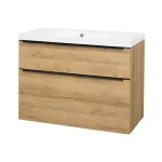 Mereo Mailo, koupelnová skříňka s umyvadlem z litého mramoru 101 cm, dub Riviera, černé madlo