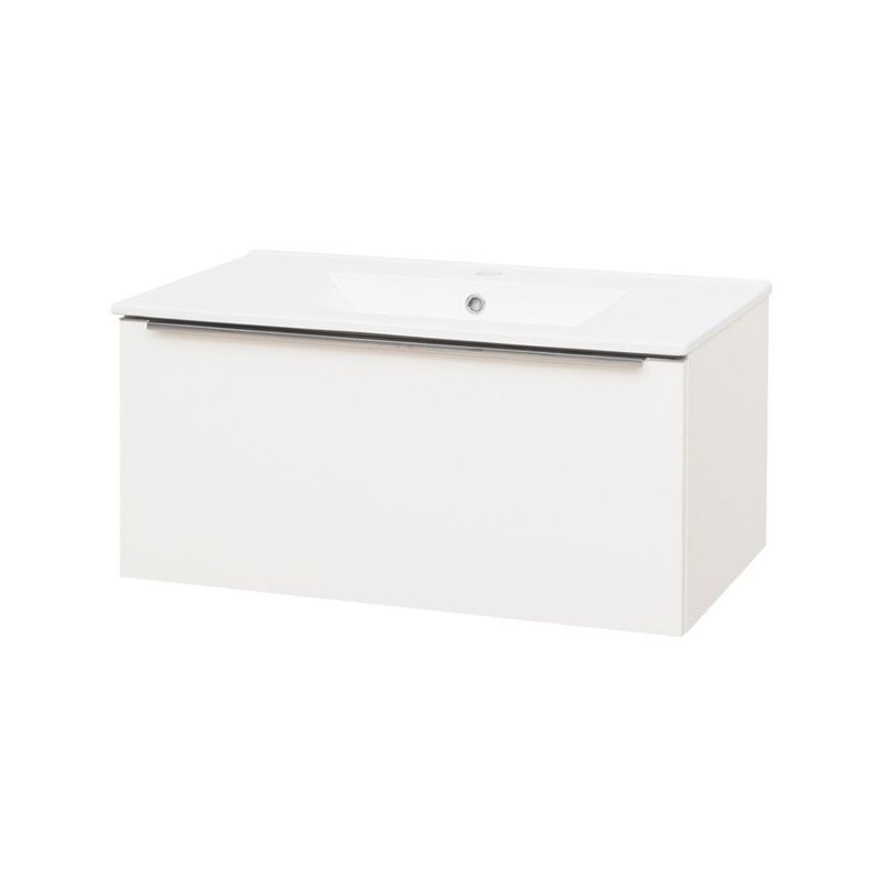Mailo, koupelnová skříňka s keramickým umyvadlem 81 cm, bílá, chrom madlo Mereo