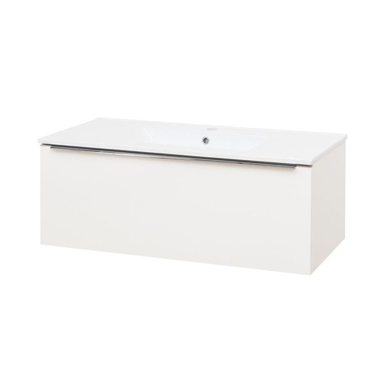 Mailo, koupelnová skříňka s keramickým umyvadlem 101 cm, bílá, chrom madlo Mereo