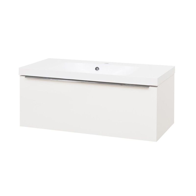 Mailo, koupelnová skříňka s umyvadlem z litého mramoru 101 cm, bílá, chrom madlo Mereo