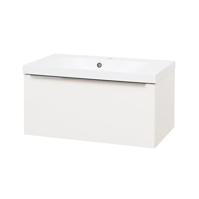 Mailo, koupelnová skříňka s umyvadlem z litého mramoru 81 cm, bílá, chrom madlo Mereo
