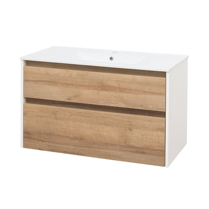 Opto, koupelnová skříňka s keramickým umyvadlem 101 cm, bílá/dub Riviera Mereo