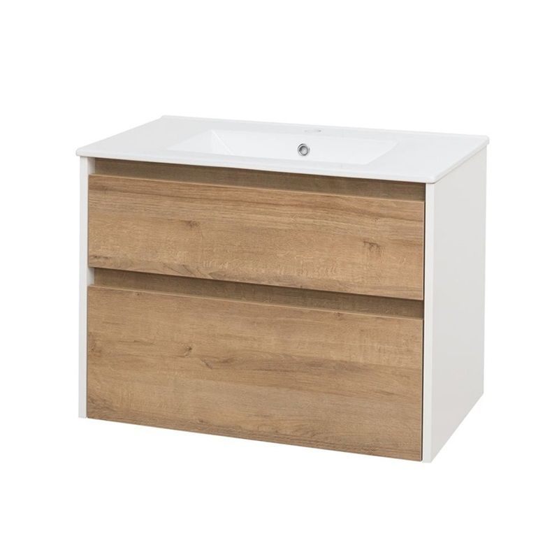 Opto, koupelnová skříňka s keramickým umyvadlem 81 cm, bílá/dub Riviera Mereo