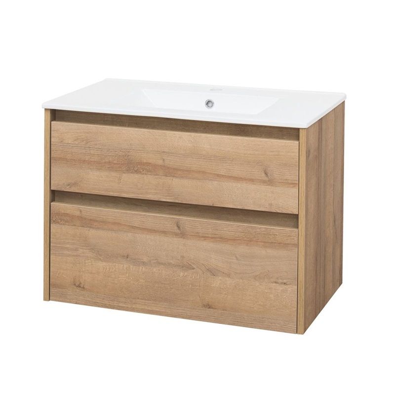 Opto, koupelnová skříňka s keramickým umyvadlem 81 cm, dub Riviera Mereo