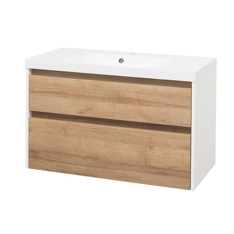 Opto, koupelnová skříňka s umyvadlem z litého mramoru 101 cm, bílá/dub Riviera Mereo