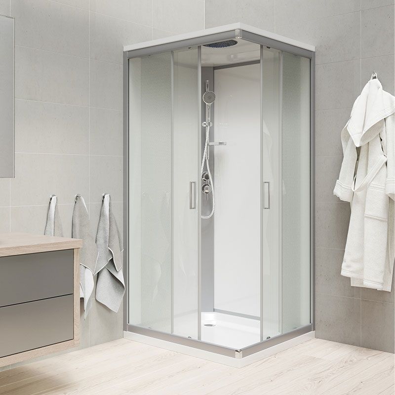 Sprchový box, čtvercový, 80 cm, satin ALU, sklo Point, zadní stěny bílé, litá vanička, se stříškou Mereo