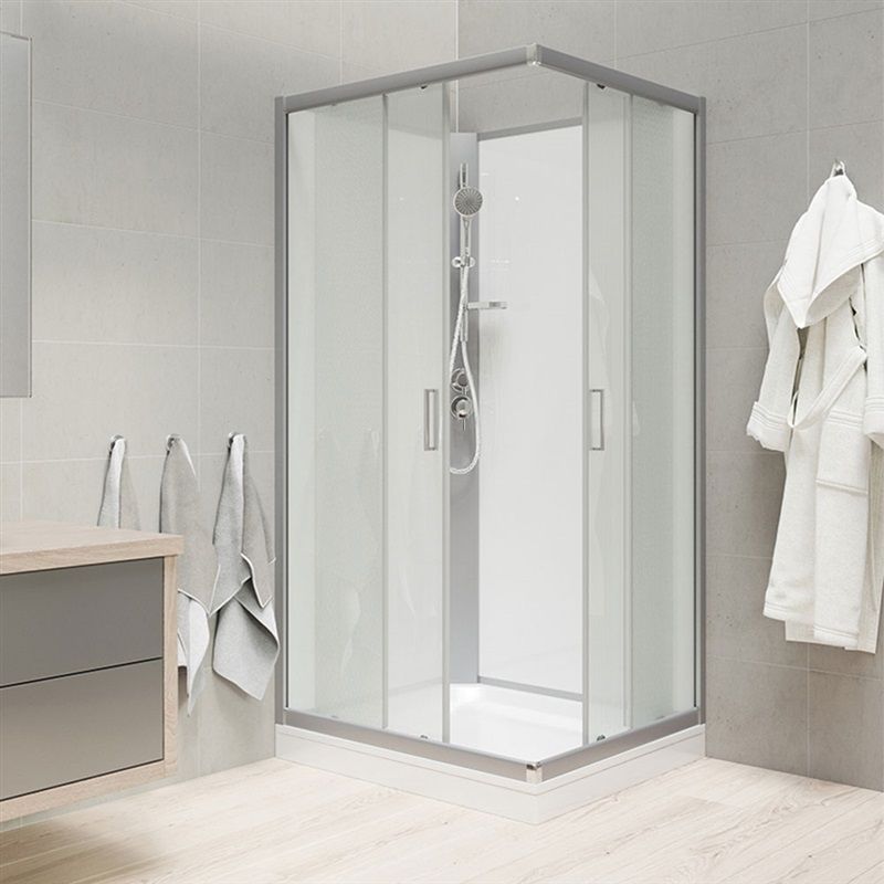 Sprchový box, čtvercový, 80 cm, satin ALU, sklo Point, zadní stěny bílé, litá vanička, bez stříšky Mereo