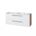Bino koupelnová skříňka s keramickým dvoumyvadlem 120 cm,  bílá/dub, 2 zásuvky