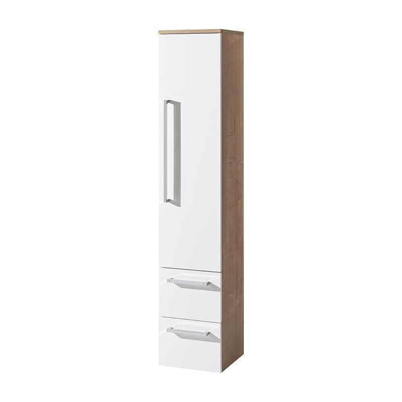 Bino, koupelnová skříňka vysoká 163 cm, pravá, bílá/dub Mereo